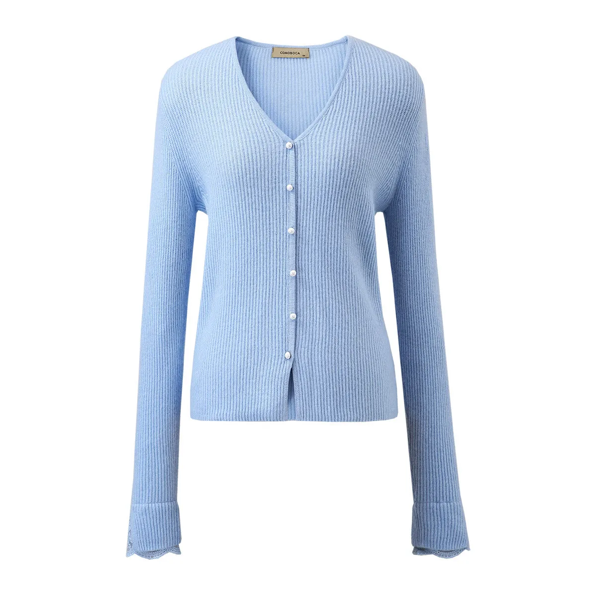 100% Cashmere Faux Button Down Sweater with Lace Cuff Detail