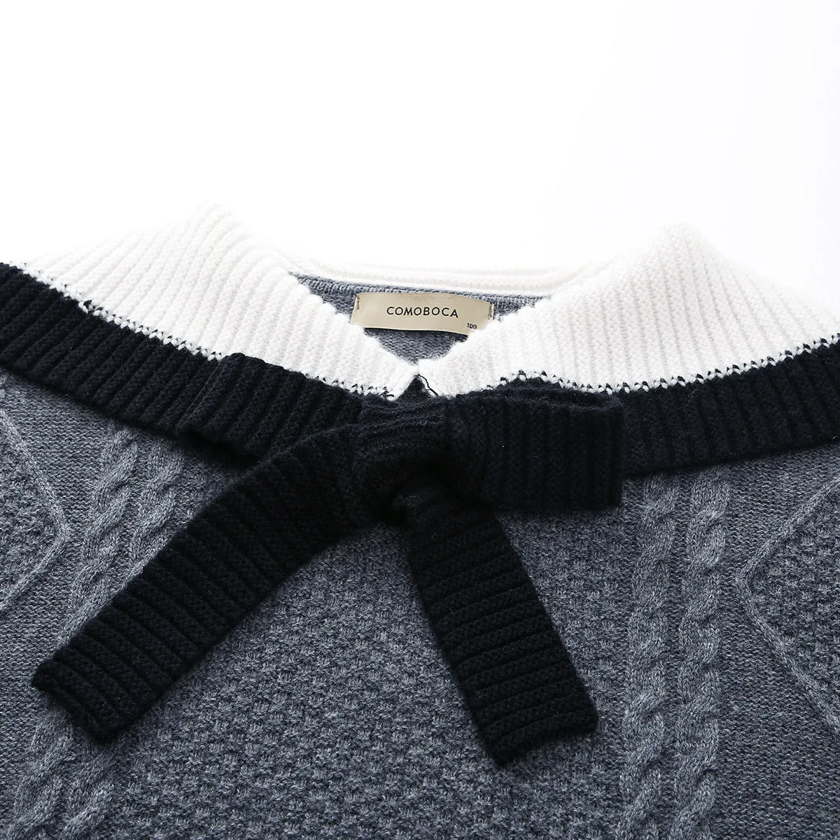 100% Wool Elegant Cable Knit Sweater with Bow Collar