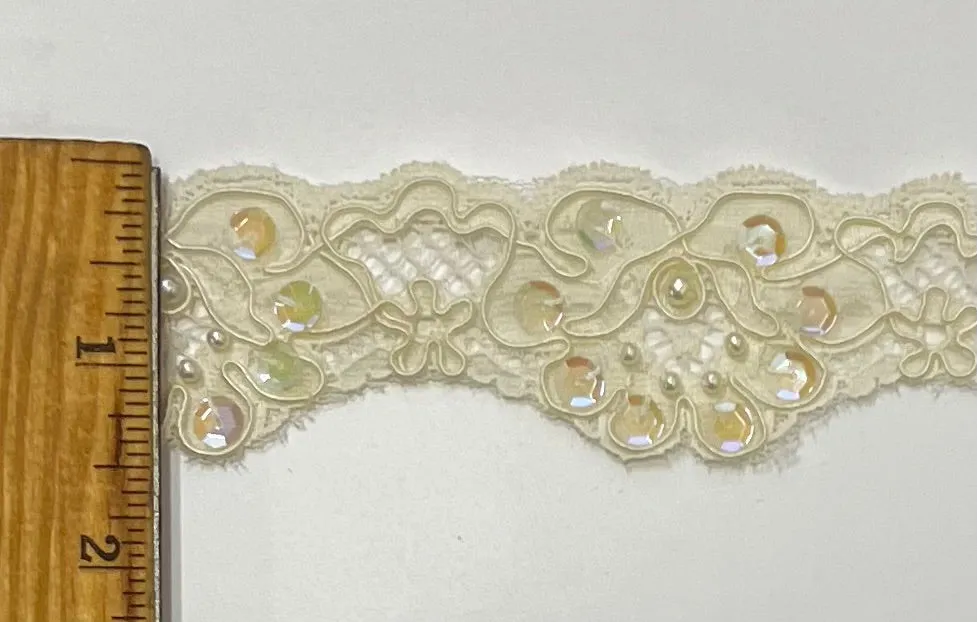 1.5" Pearls, Sequins & Corded Bridal Embroidered Lace Trimming - 4 Continuous Yards!