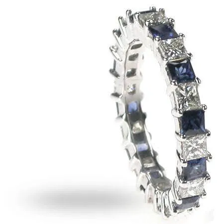 3.40 CT Princess Cut Blue Sapphires & Diamonds - Eternity Ring