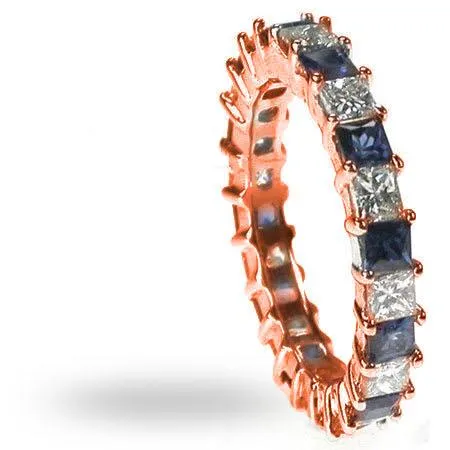 3.40 CT Princess Cut Blue Sapphires & Diamonds - Eternity Ring