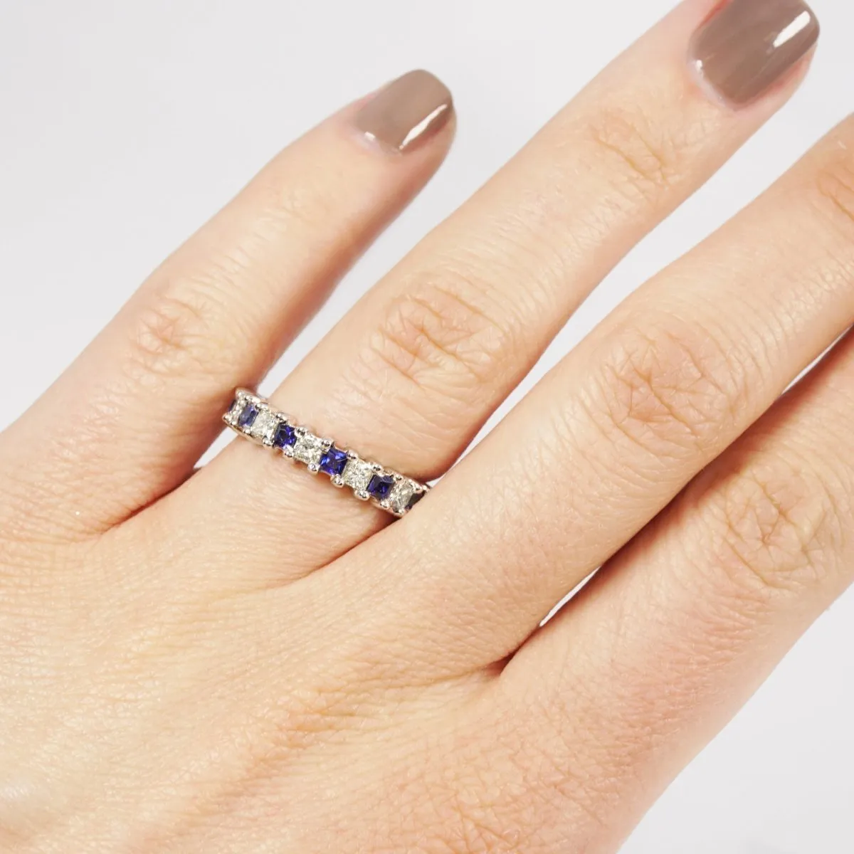 3.40 CT Princess Cut Blue Sapphires & Diamonds - Eternity Ring