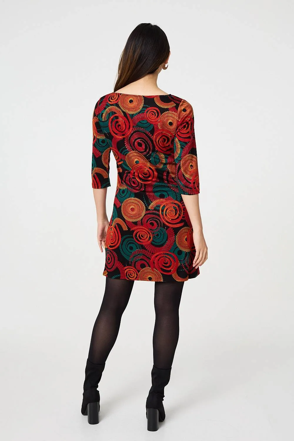 Abstract 3/4 Sleeve Short Shift Dress