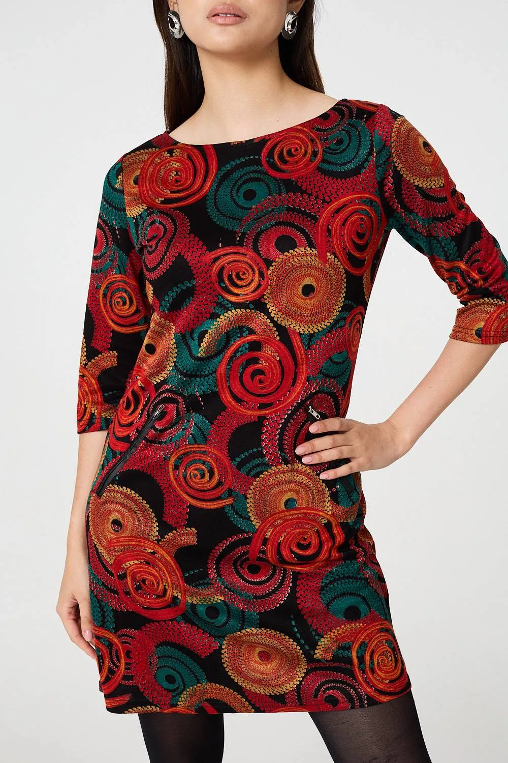 Abstract 3/4 Sleeve Short Shift Dress