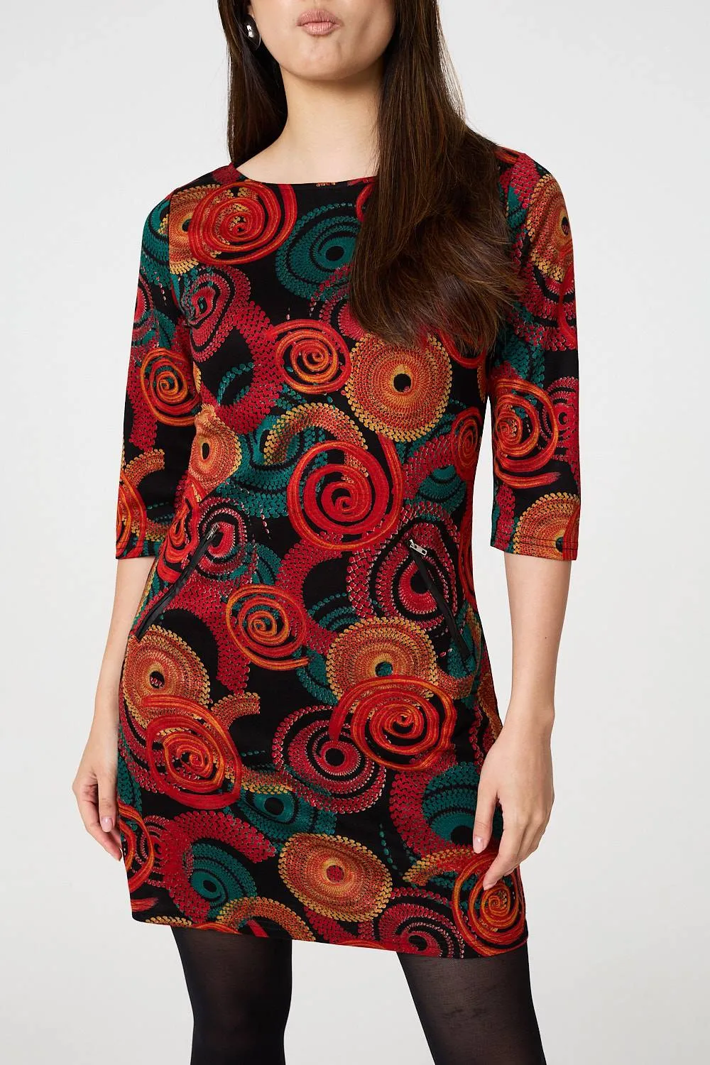 Abstract 3/4 Sleeve Short Shift Dress