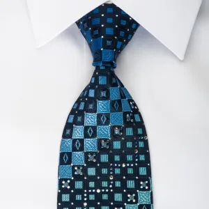 Arnold Palmer Rhinestone Silk Necktie Checkered On Blue With Silver Sparkles