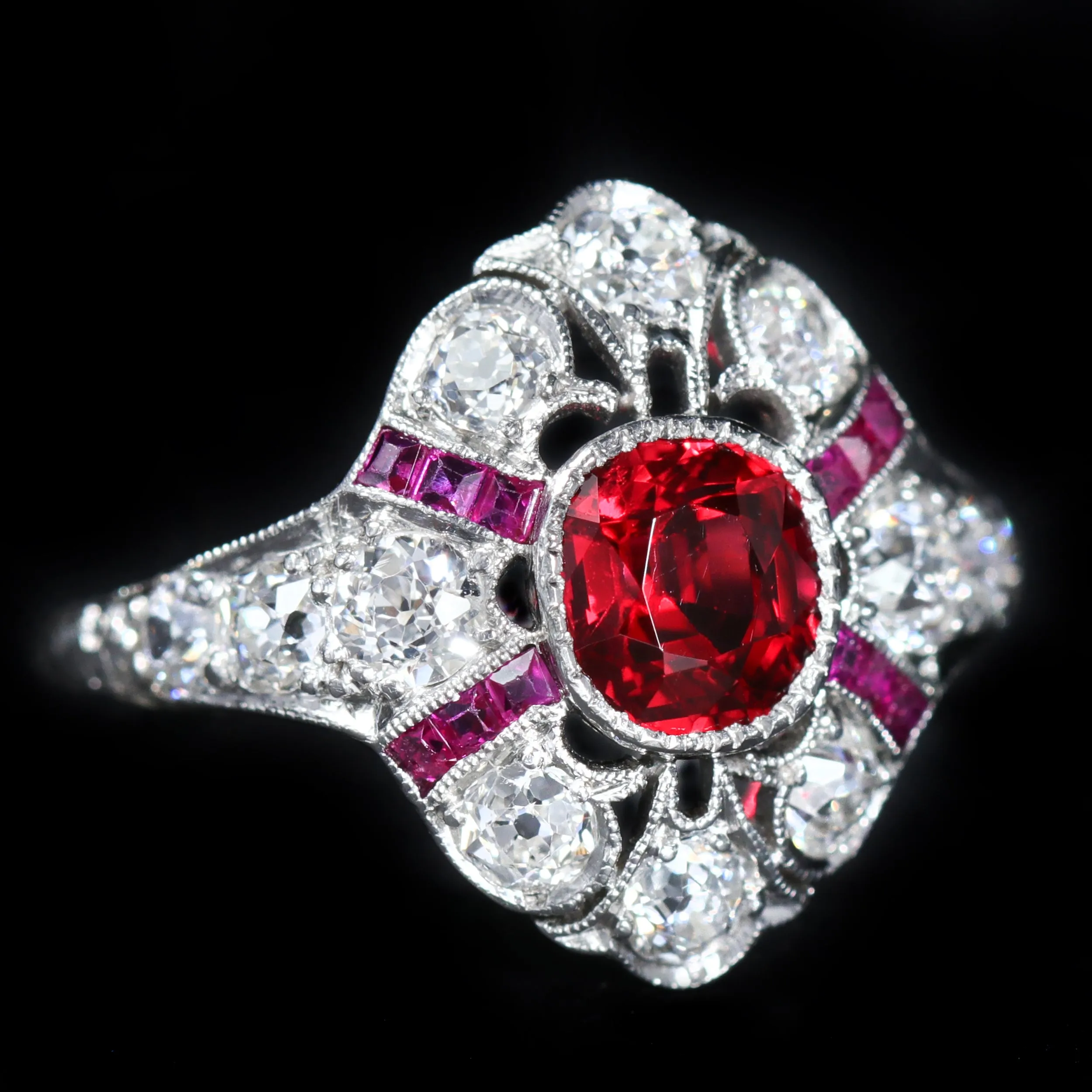 Art Deco 0.96 Carat Spinel, Ruby, and Diamond Ring