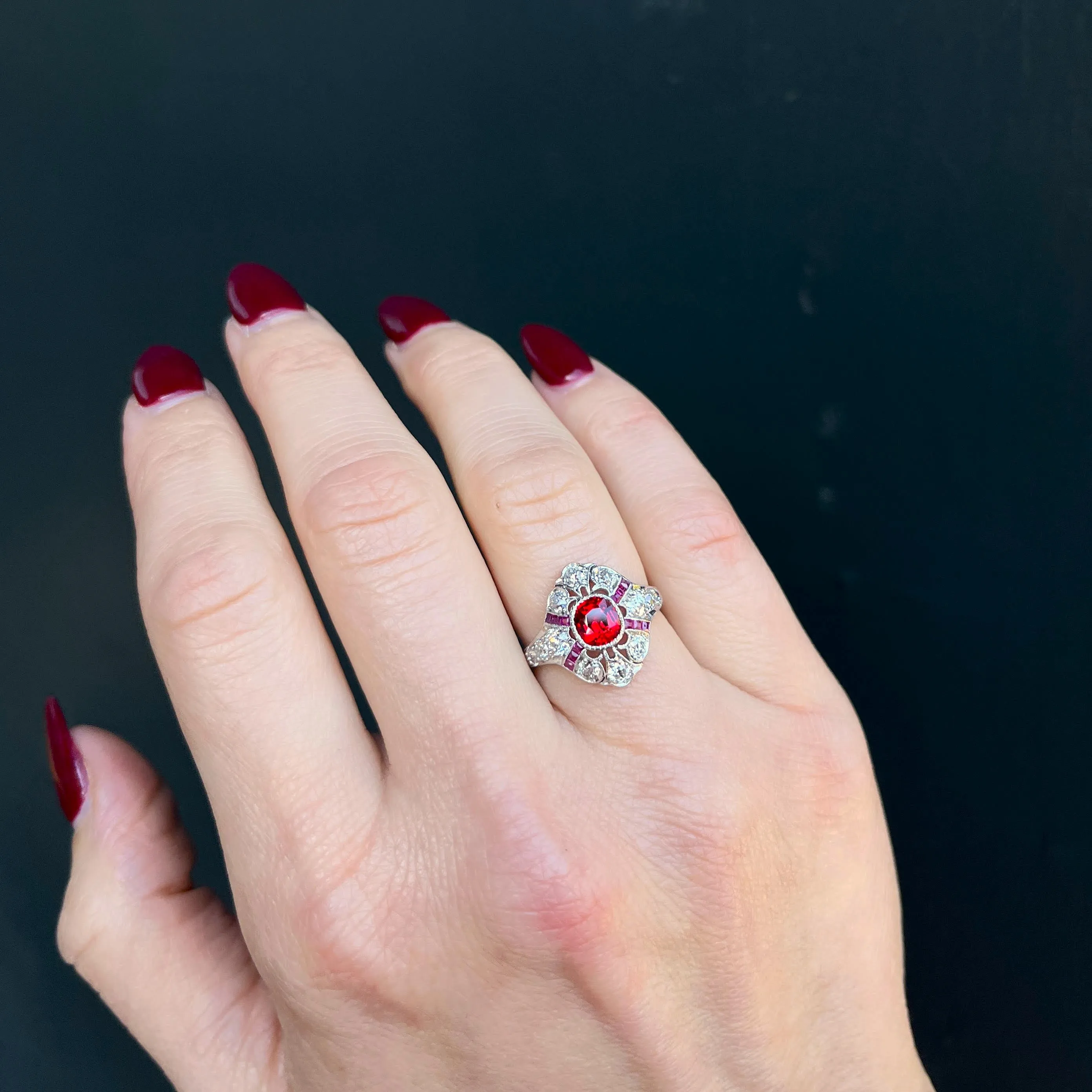 Art Deco 0.96 Carat Spinel, Ruby, and Diamond Ring