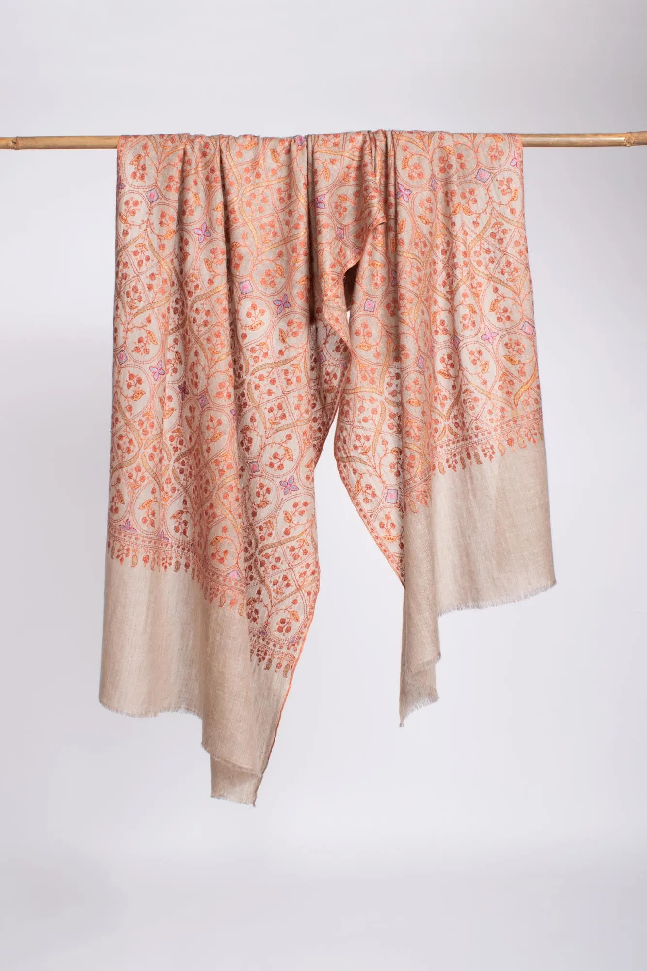 Artistic Grey with Orange Embroidered Cashmere Scarf - ASHBURTON