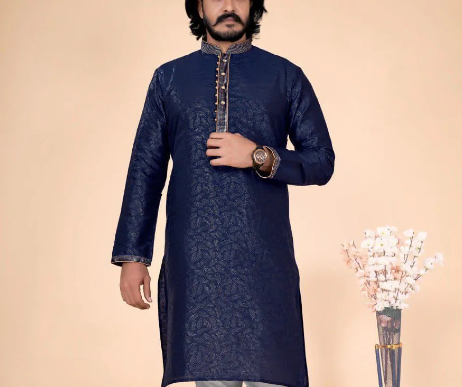 Attractive Dark Blue Color Fancy Kurta Suits With Pajama For Men