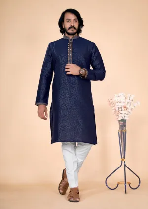 Attractive Dark Blue Color Fancy Kurta Suits With Pajama For Men