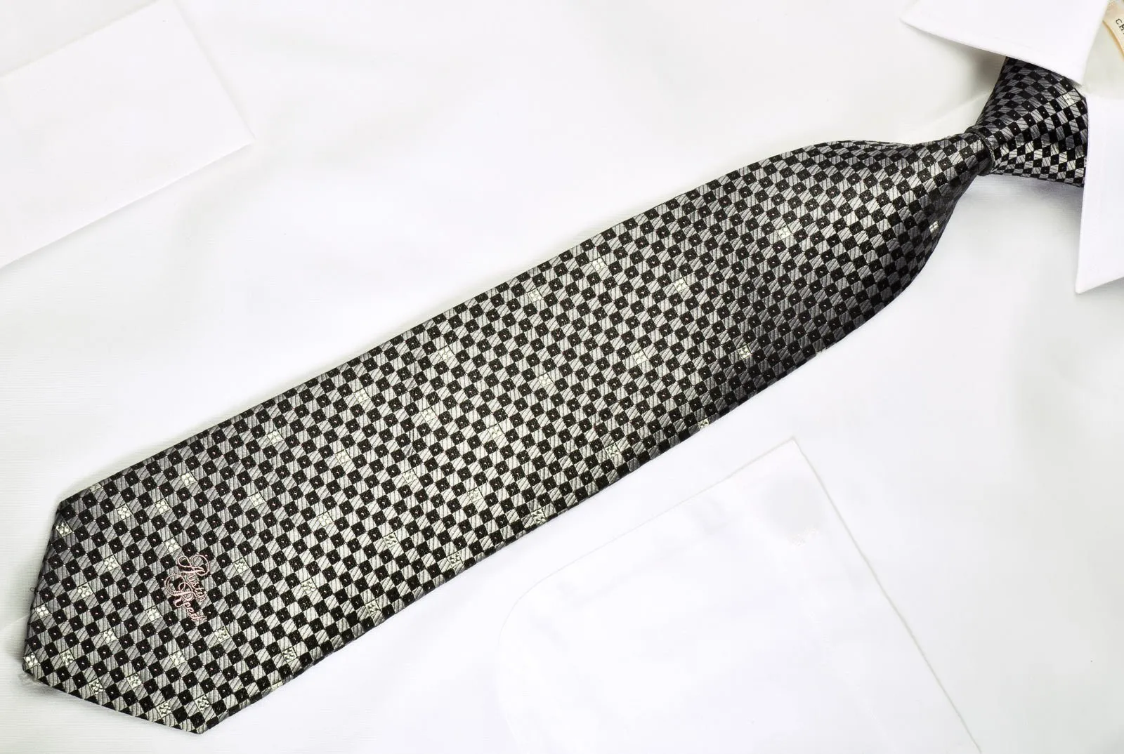 Austin Reed Rhinestone Silk Necktie Silver Black Checkered With Silver Sparkles