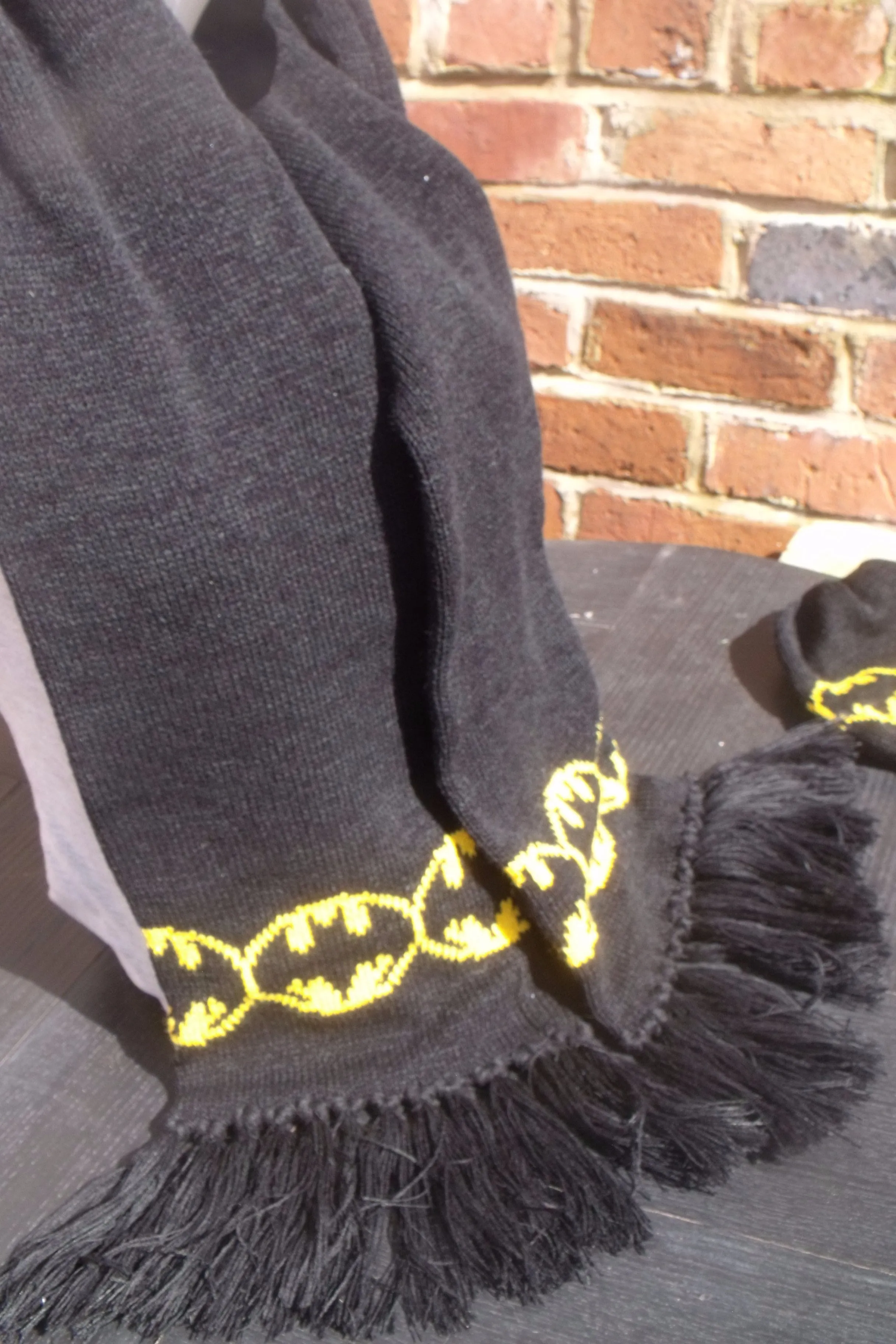 Batman Inspired, Hat and double thick 6ft Long scarf set, Black, Yellow, Super Hero