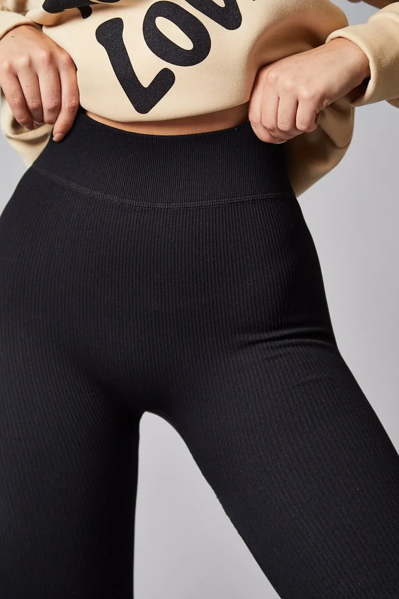 Black Rib Knit High Waisted Leggings - Ren