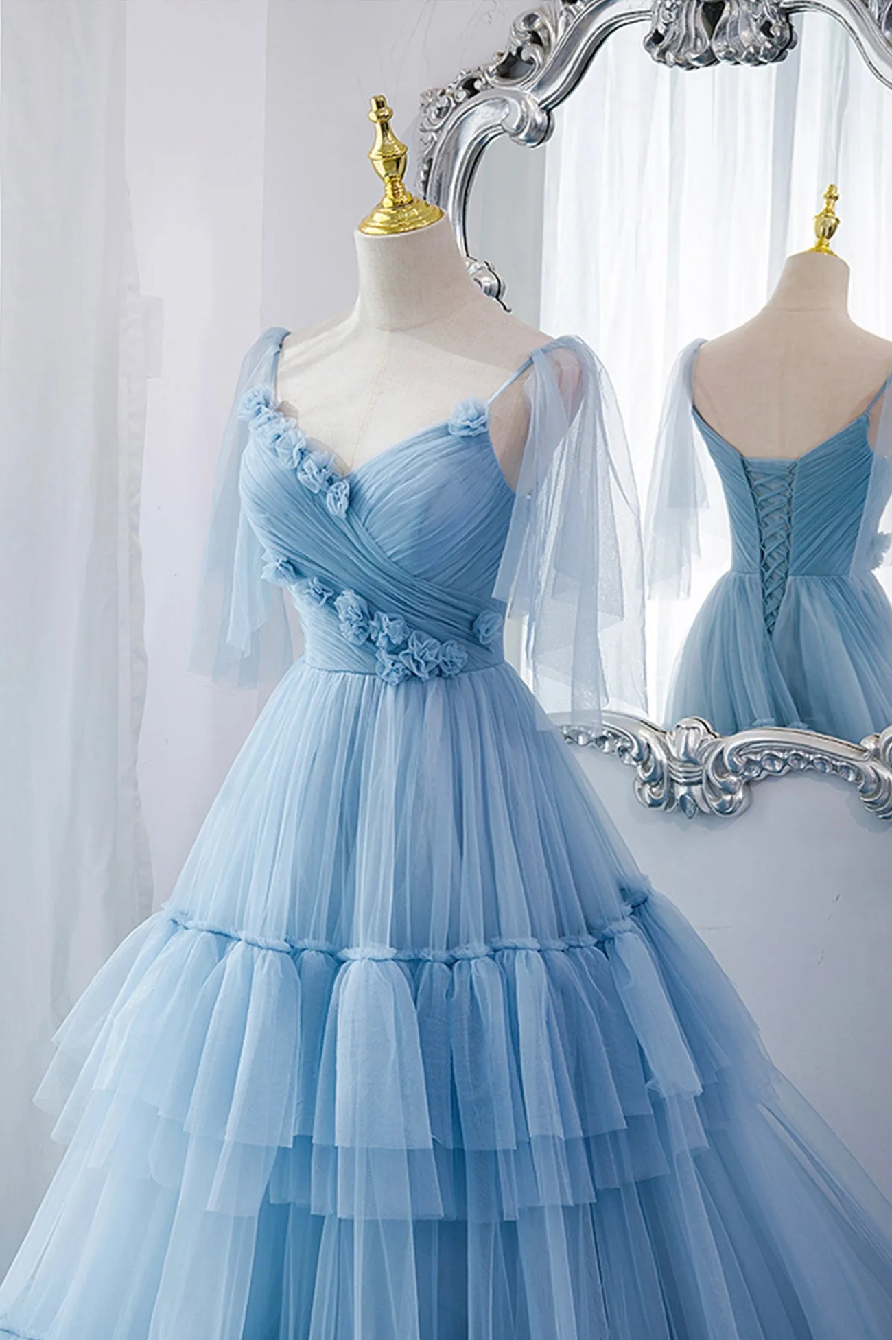 Blue V-Neck Tulle Long Prom Dress, A-Line Evening Party Dress