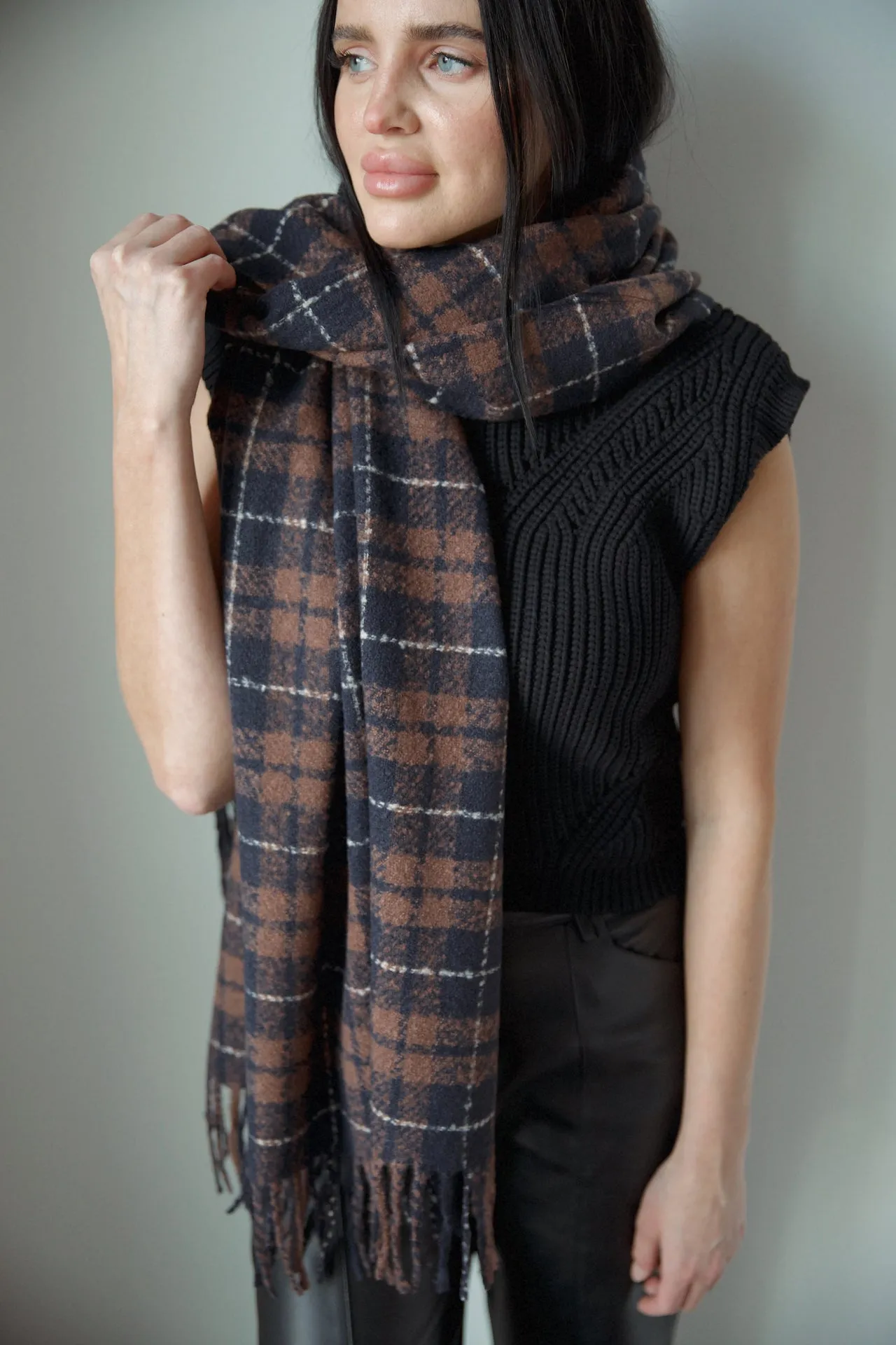 Brown Multicolor Plaid Scarf