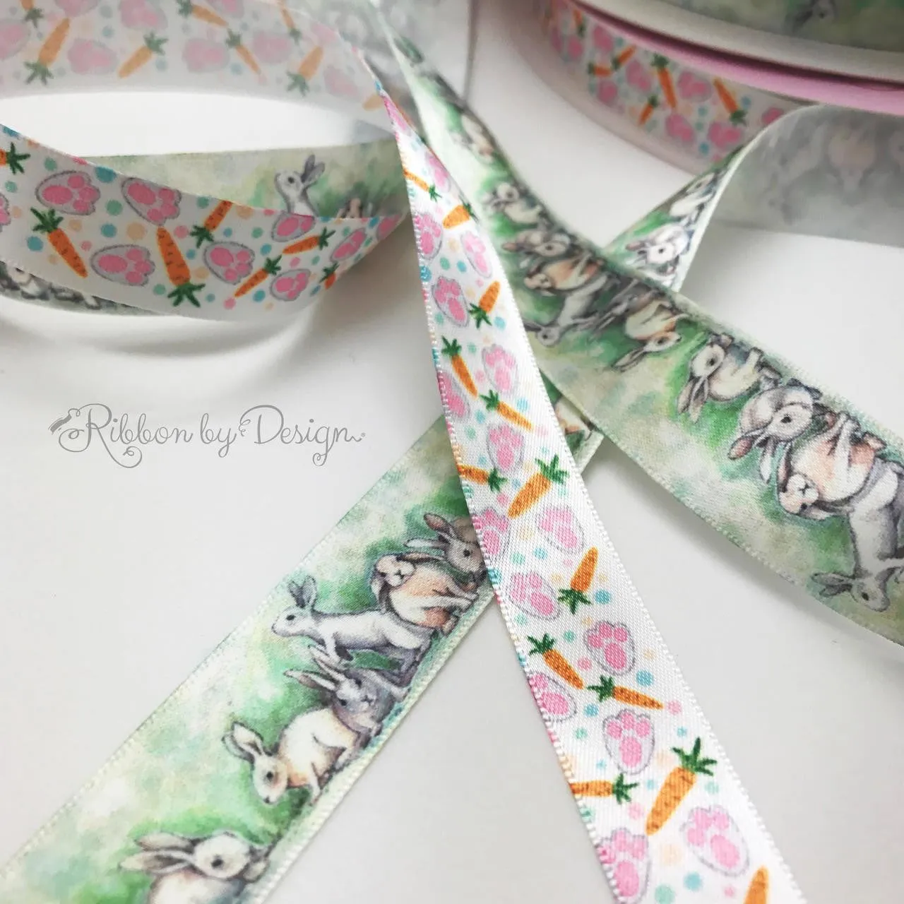 Bunny prints and Carrots Ribbon with polka dot background on 5/8" white single face satin