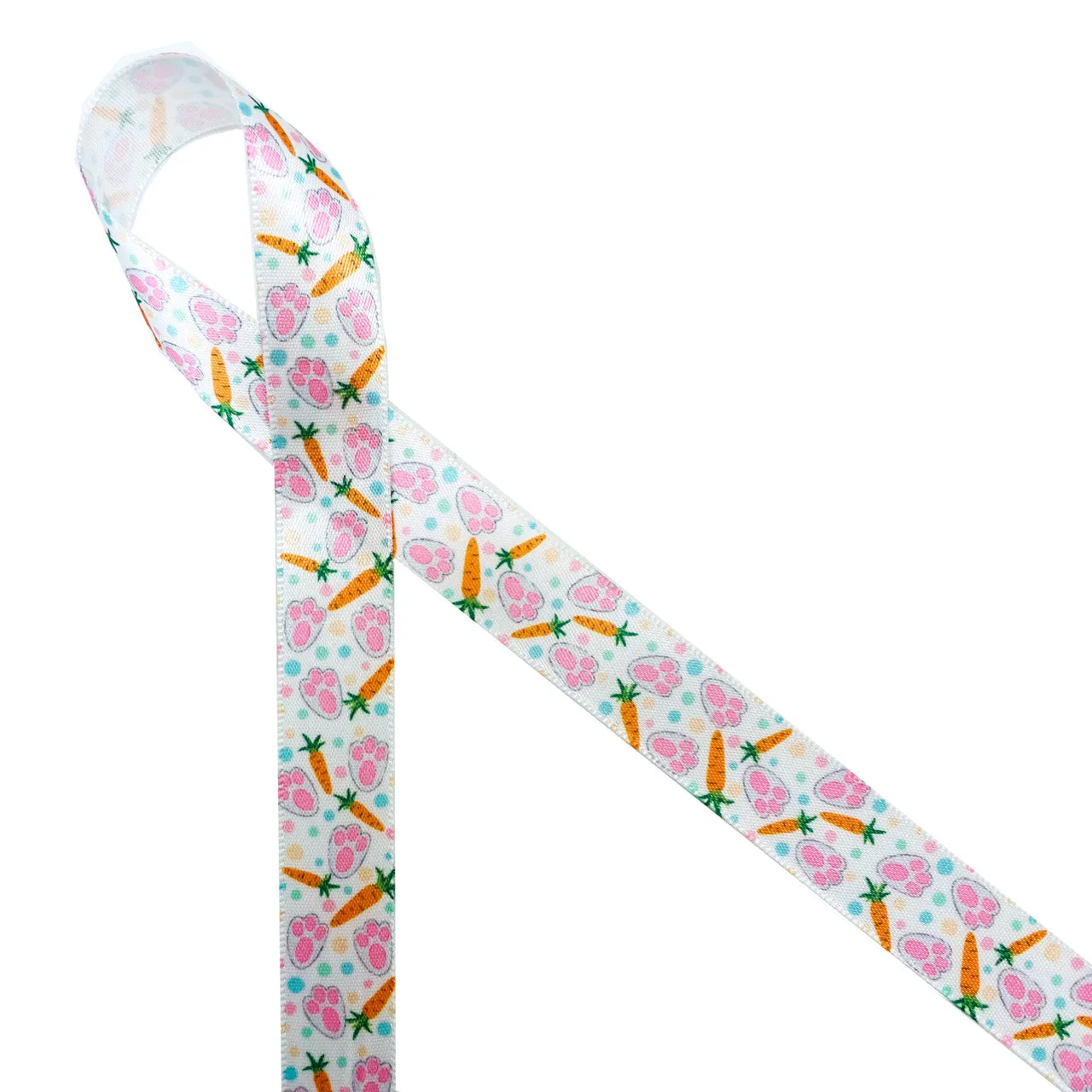 Bunny prints and Carrots Ribbon with polka dot background on 5/8" white single face satin