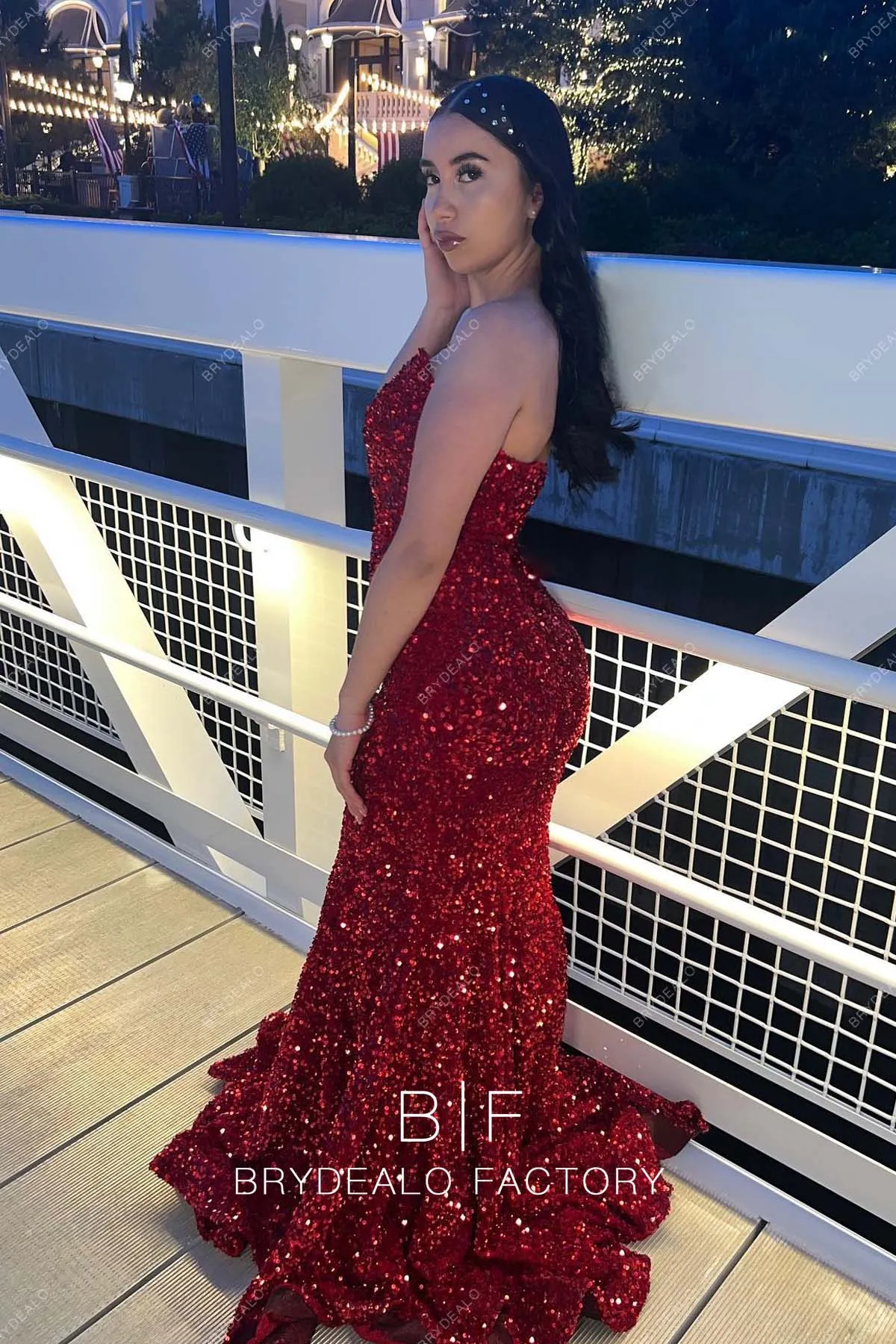 Burgundy Sequins Sparkly Strapless Mermaid Long Train Prom Dress