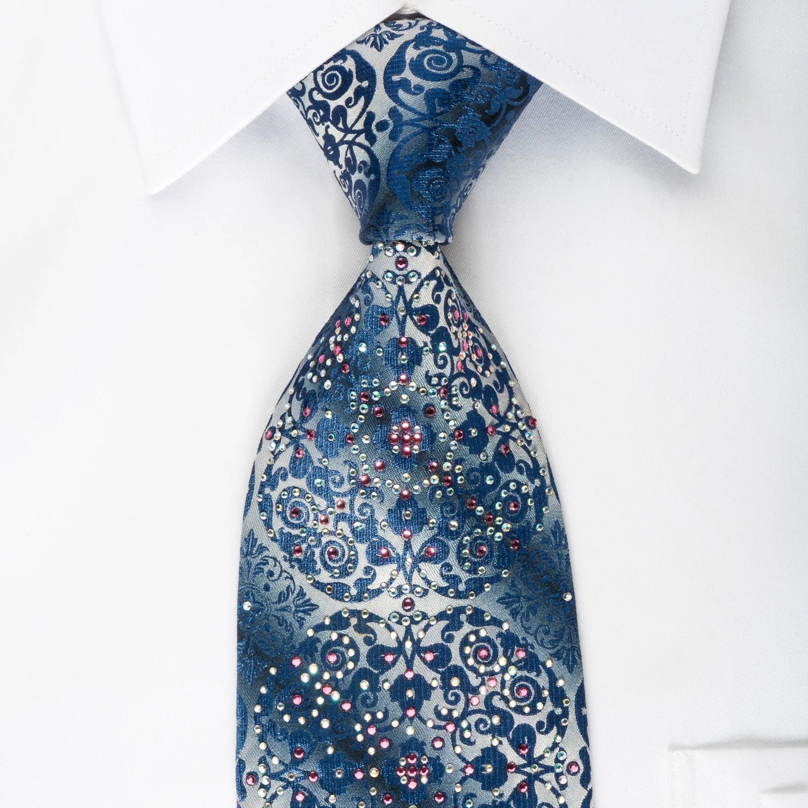 Cabrini Silk Tie Gorgeous Cartouche Damask On Blue With Rhinestones