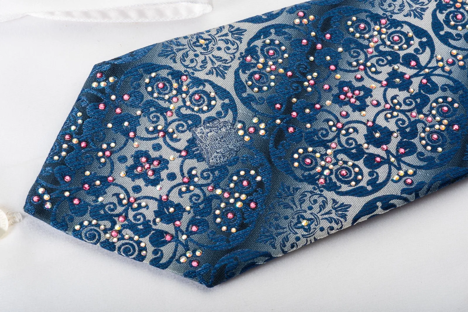 Cabrini Silk Tie Gorgeous Cartouche Damask On Blue With Rhinestones