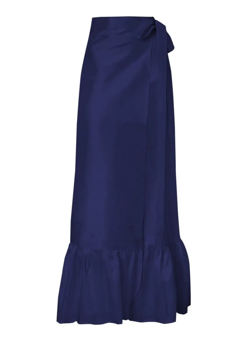 Calypso Silk Wrap Ruffle Maxi Skirt - Navy