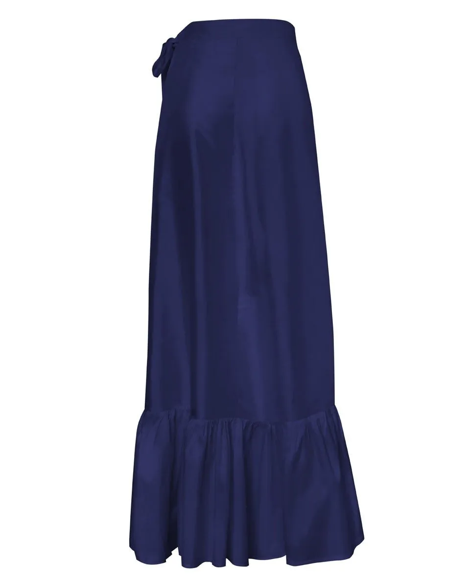 Calypso Silk Wrap Ruffle Maxi Skirt - Navy