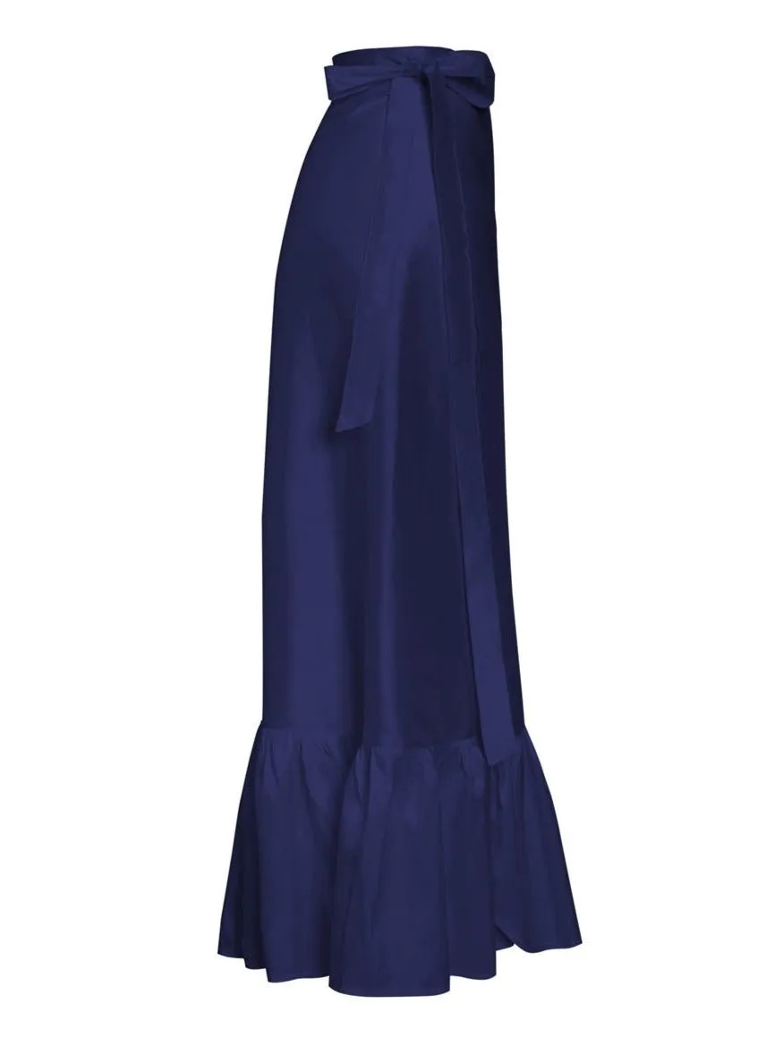 Calypso Silk Wrap Ruffle Maxi Skirt - Navy