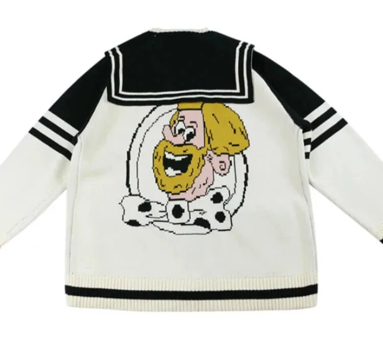 Cartoon Embroidery Sailor Collar Knitted Sweaters Winter Thick Warm Harajuku Jacquard Sweater Knit Pullover