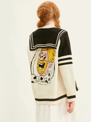 Cartoon Embroidery Sailor Collar Knitted Sweaters Winter Thick Warm Harajuku Jacquard Sweater Knit Pullover