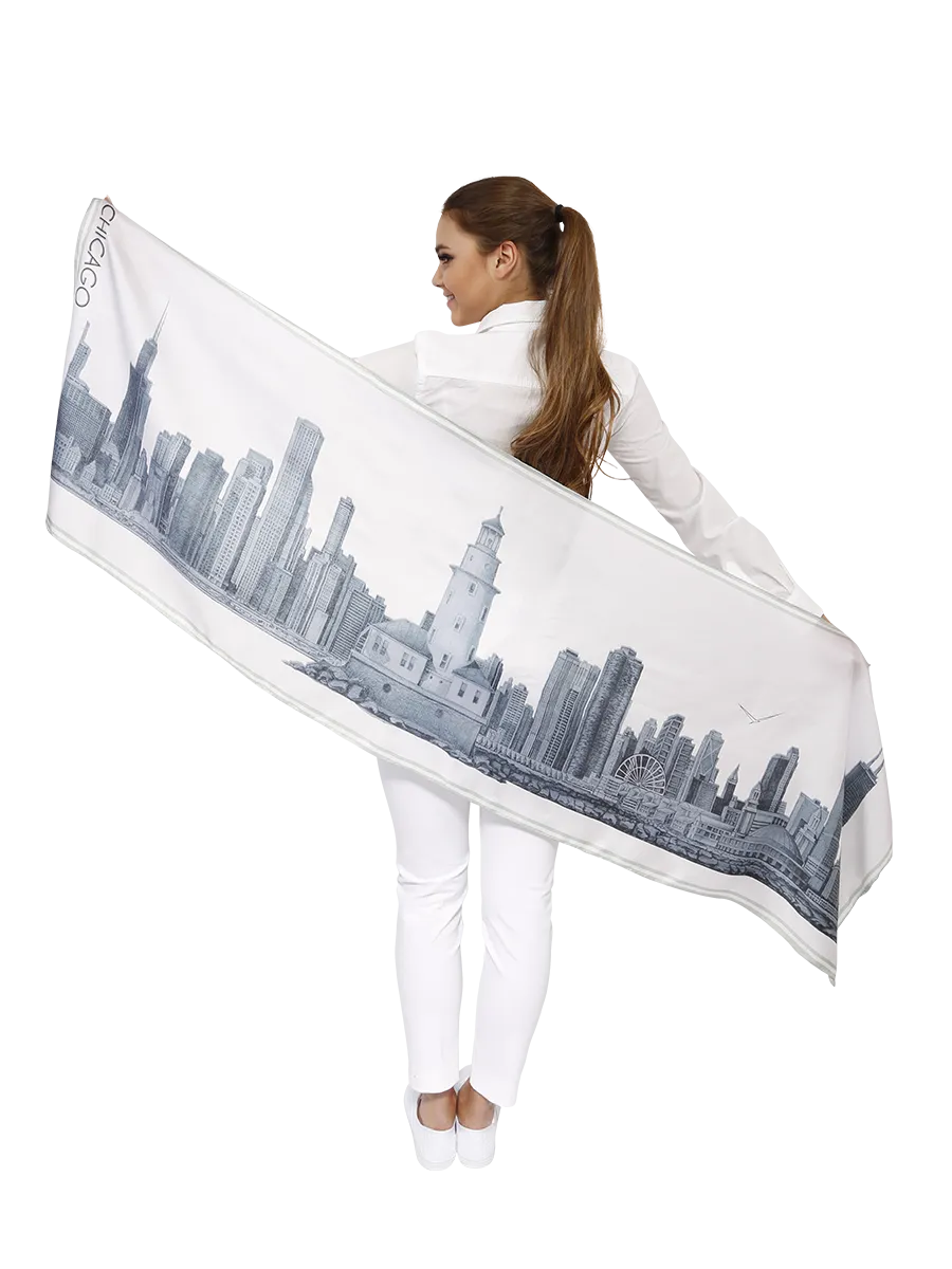 CHICAGO Skyline Art 100% Silk Stole Scarf in Purple White