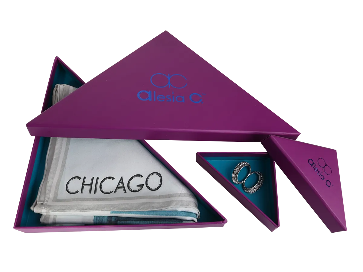 CHICAGO Skyline Art 100% Silk Stole Scarf in Purple White