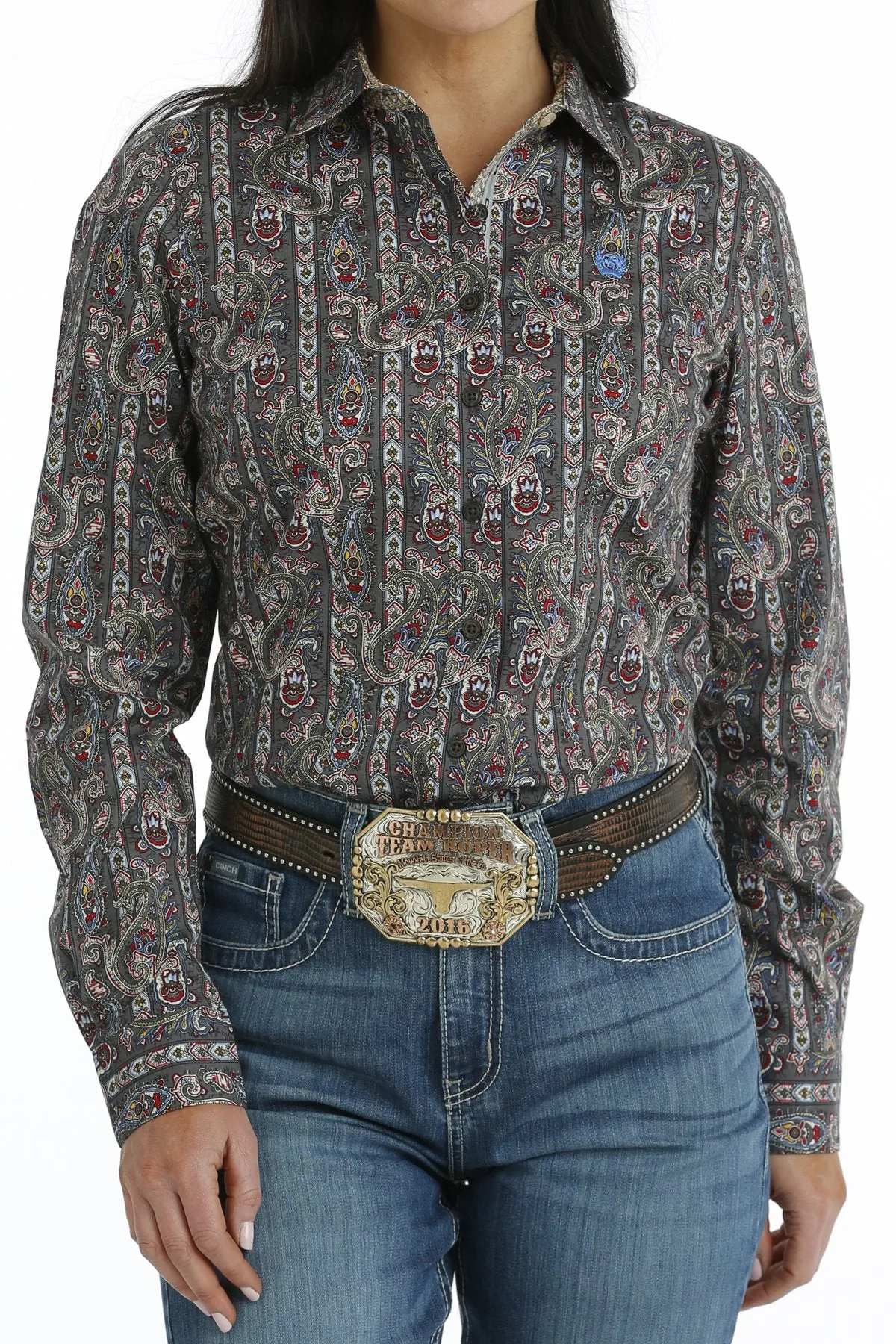 Cinch Ladies Button Down Western L/S Shirt - Grey Paisley - MSW9165047