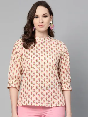 Cream And Pink Floral Printed A-Line Top