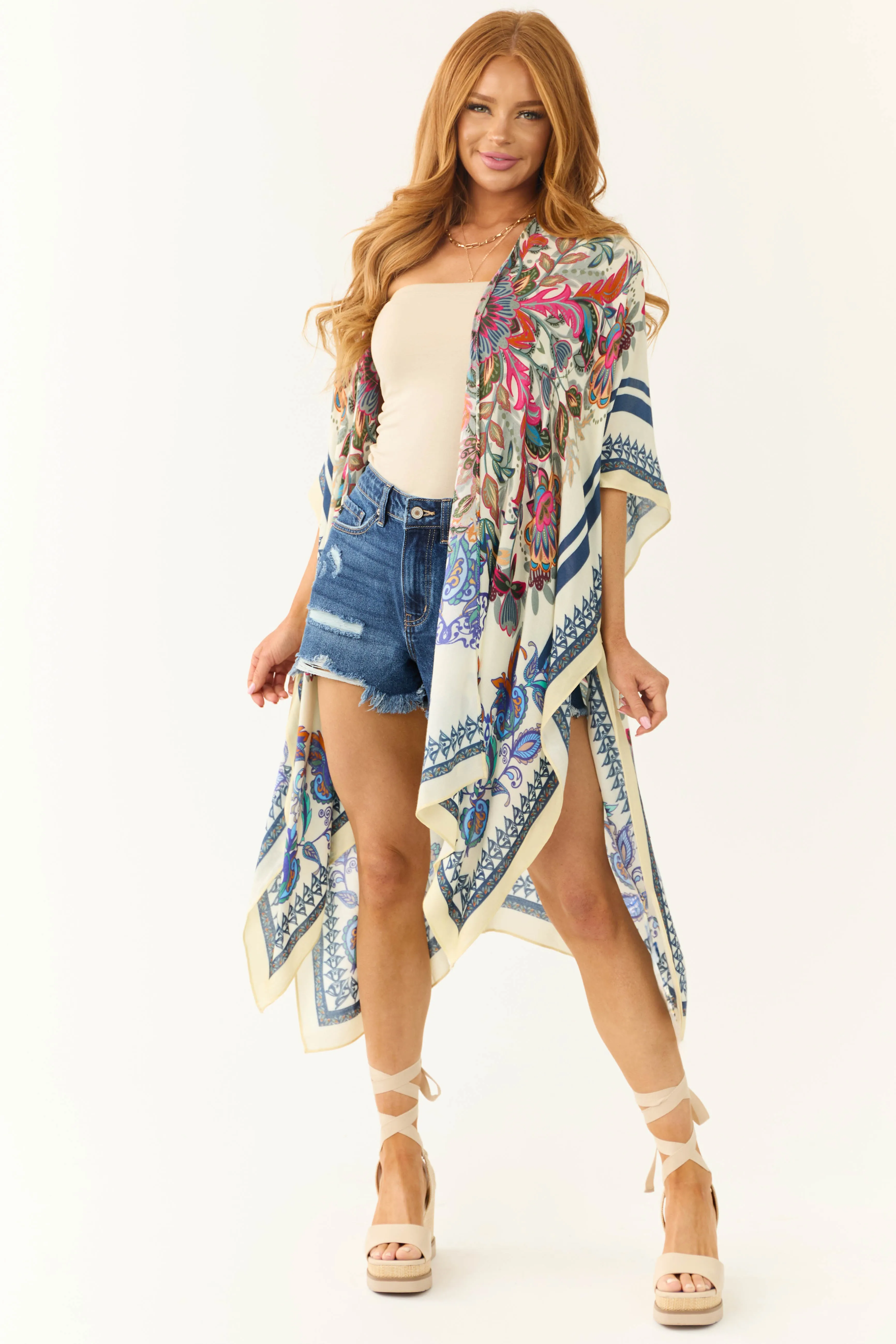 Cream Floral Printed Oversized Kimono