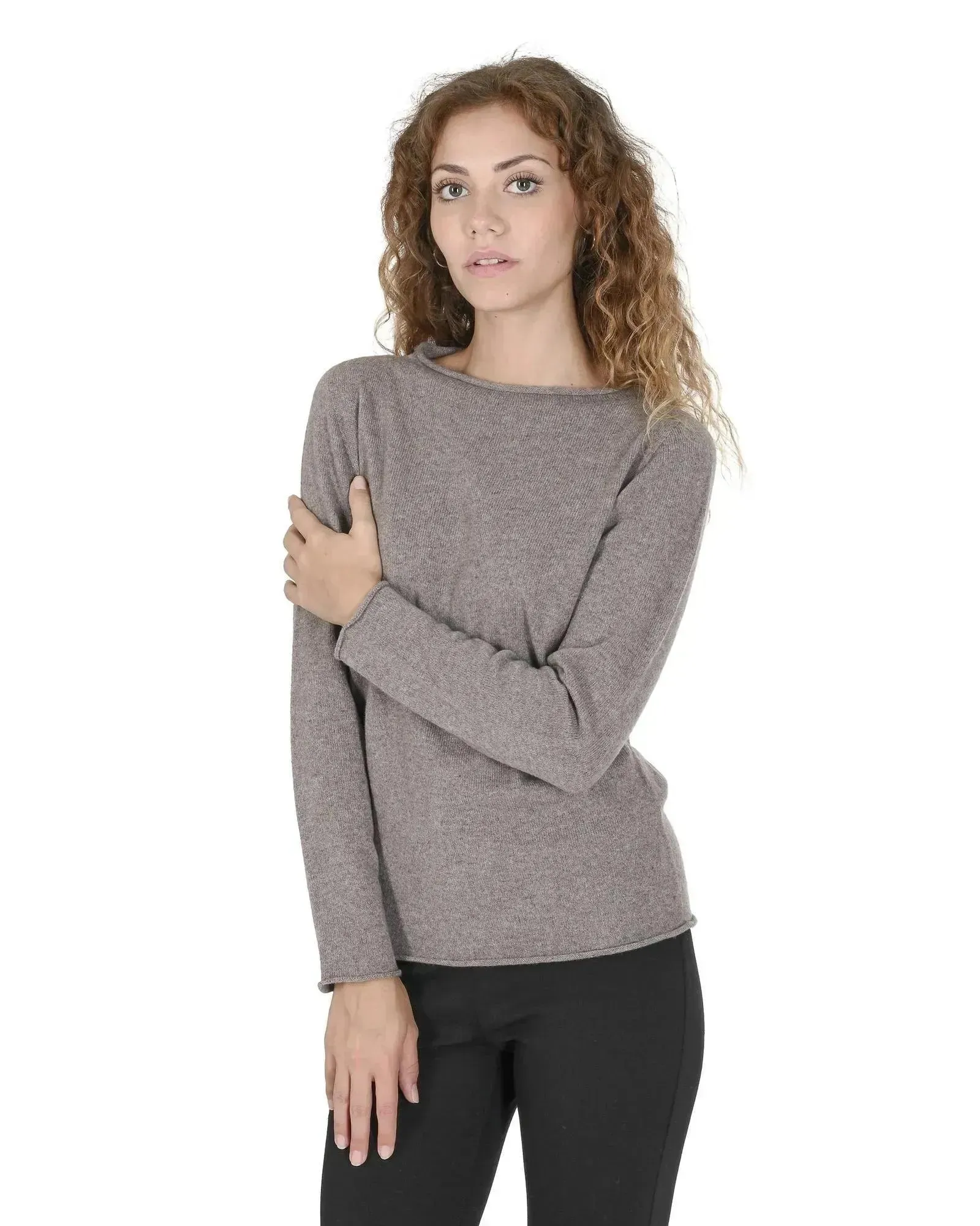 Crown of Edinburgh Cashmere Women's Cashmere Boatneck Sweater in Taupe - S