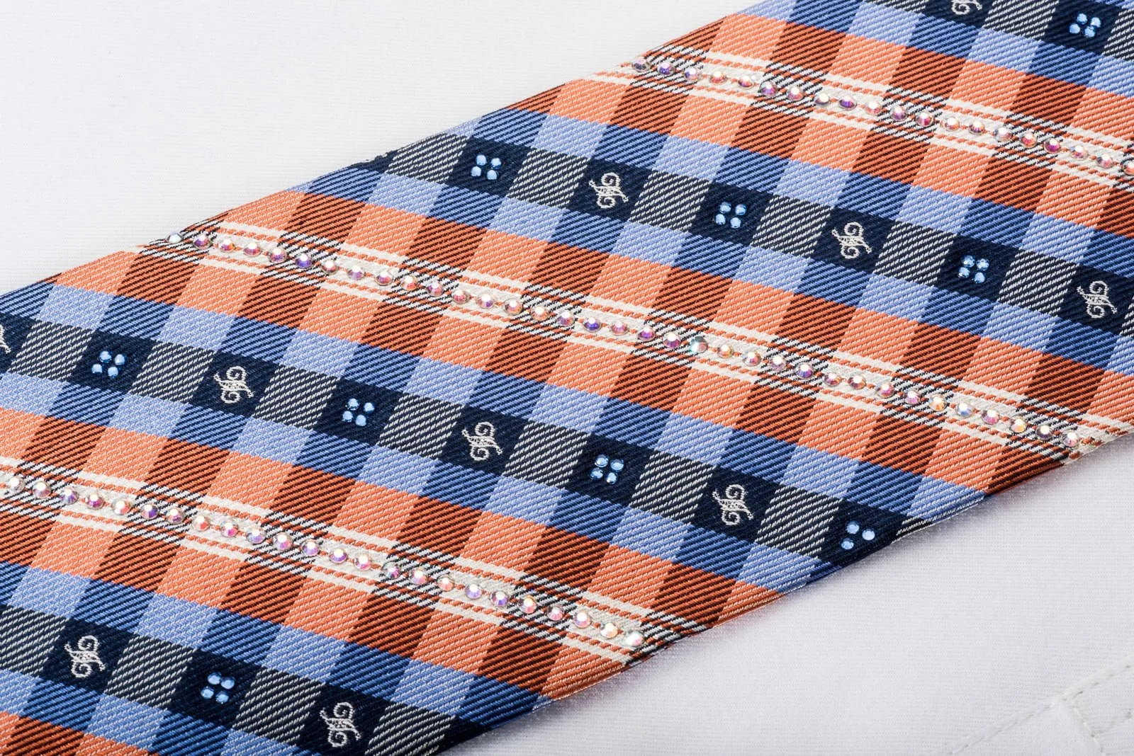 Daks Men's Rhinestone Silk Necktie Orange Blue Plaid With Silver Sparkles