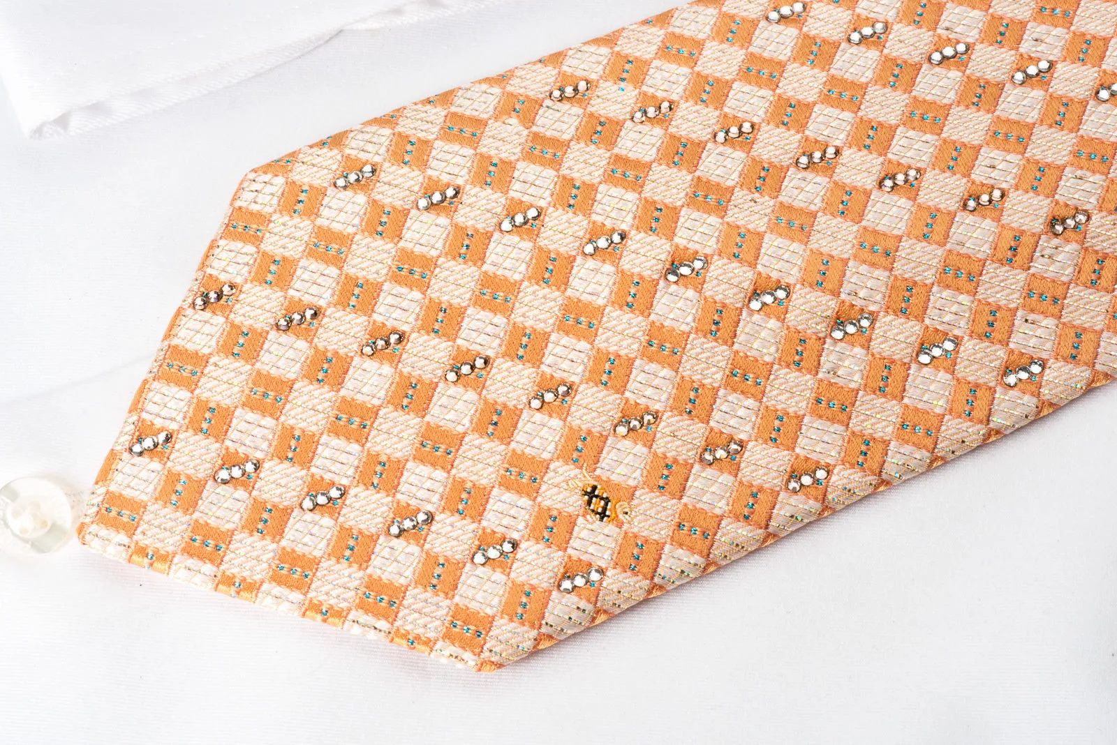 Daks Rhinestone Silk Necktie Silver Orange Checker With Silver Sparkles