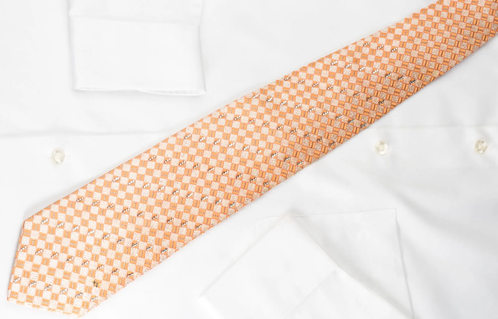 Daks Rhinestone Silk Necktie Silver Orange Checker With Silver Sparkles