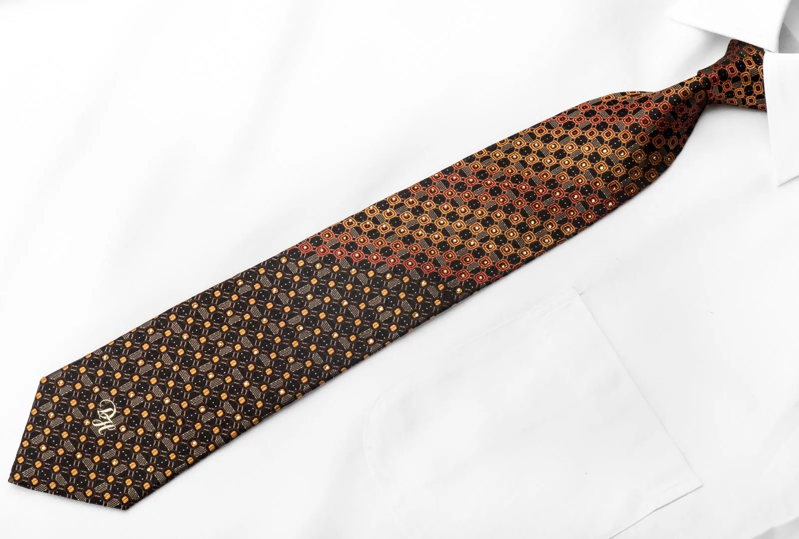 Daniel Hechter Men's Crystal Silk Tie Orange Brown Geometric On Black With Silver Sparkles