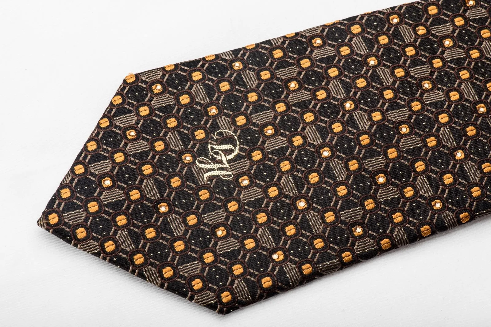 Daniel Hechter Men's Crystal Silk Tie Orange Brown Geometric On Black With Silver Sparkles