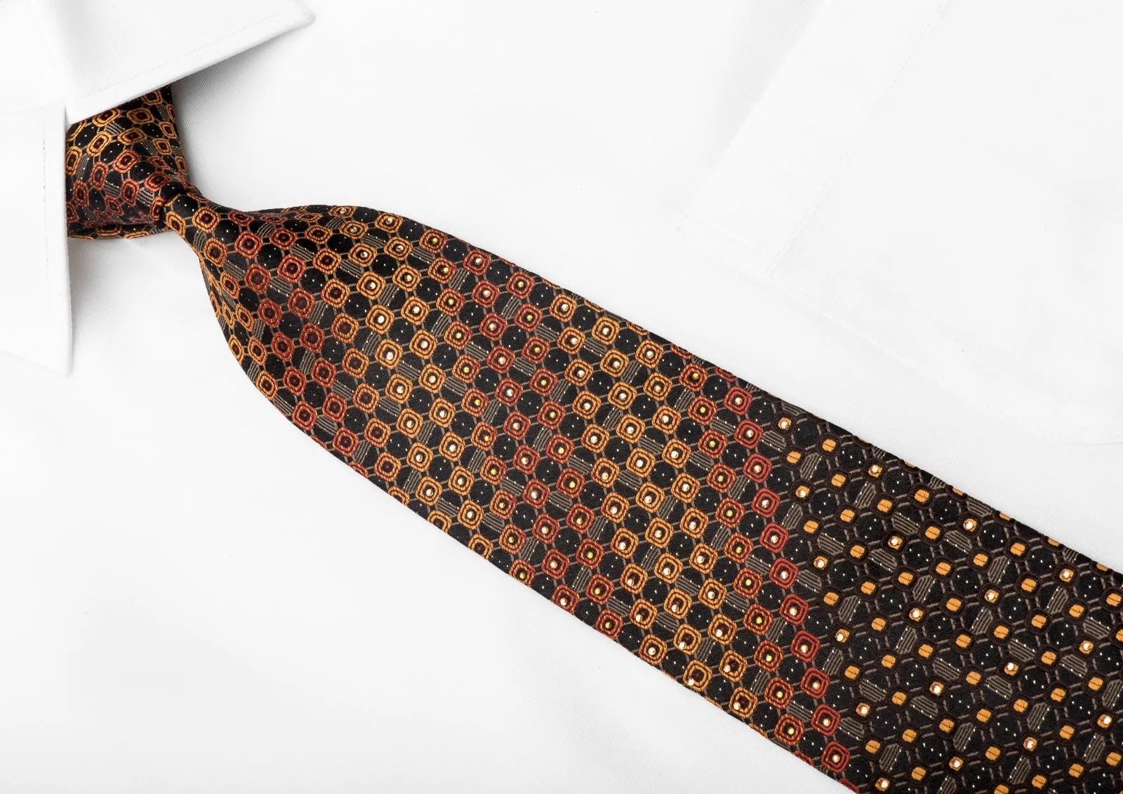 Daniel Hechter Men's Crystal Silk Tie Orange Brown Geometric On Black With Silver Sparkles