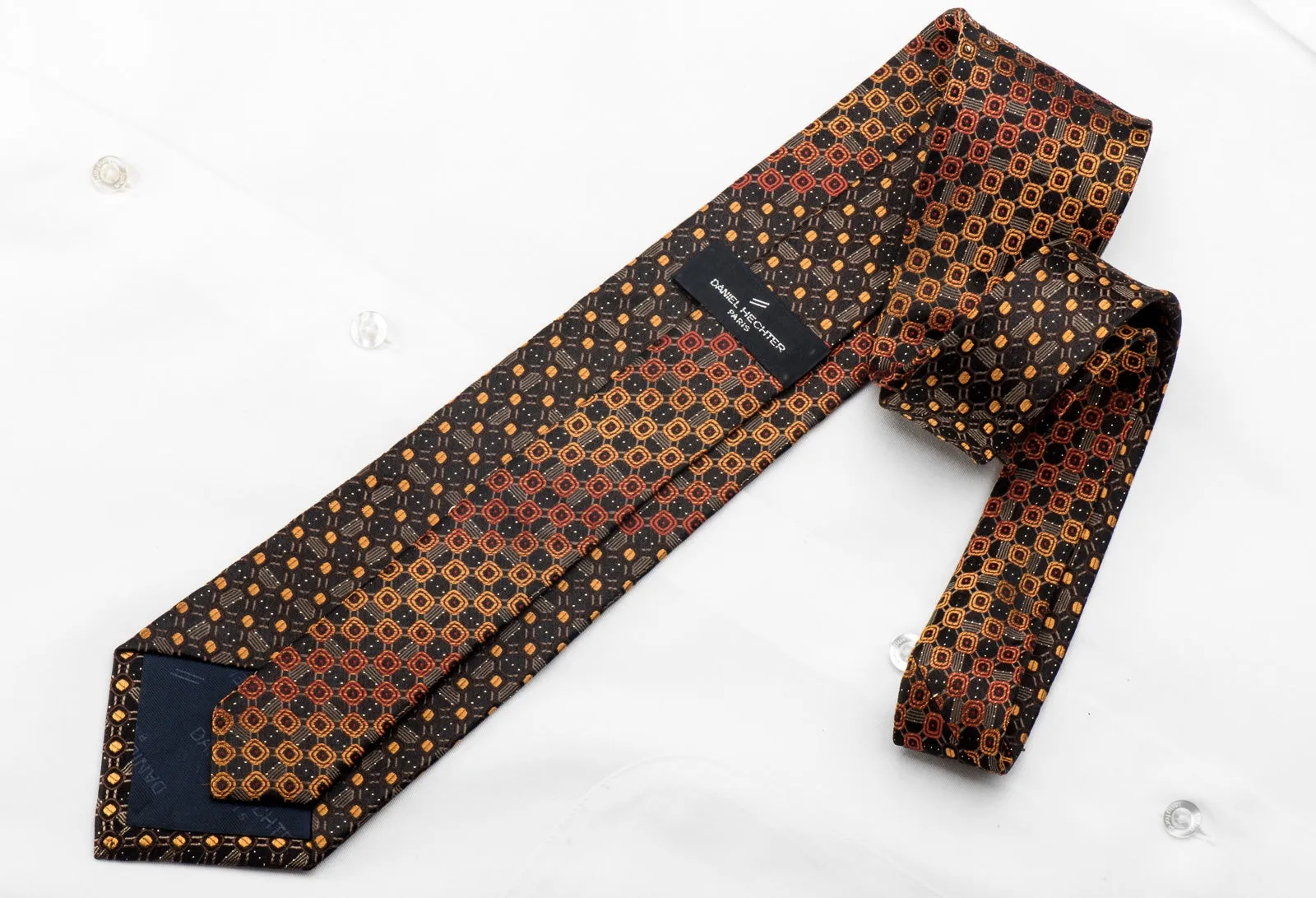 Daniel Hechter Men's Crystal Silk Tie Orange Brown Geometric On Black With Silver Sparkles