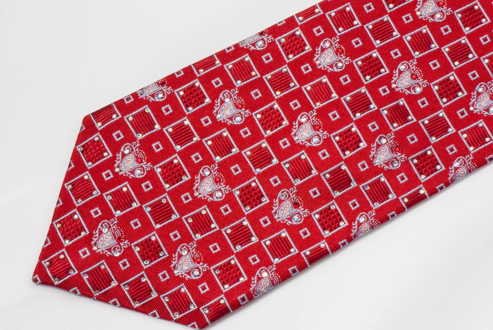 Daniel Hechter Silk Rhinestone Necktie Silver Squares On Burgundy With Silver Sparkles