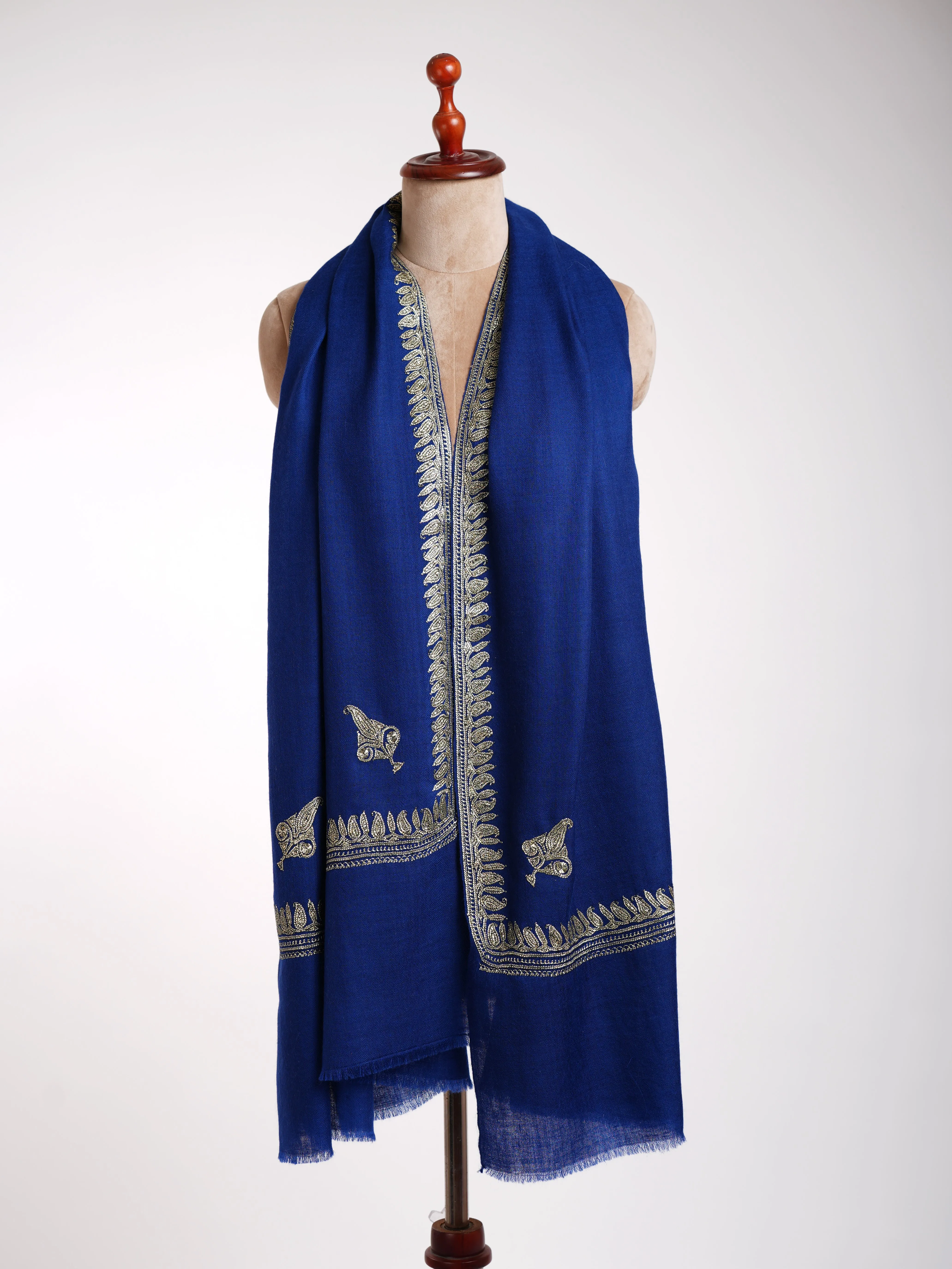 Dark Blue Kashmiri Pashmina Shawl in Water Gold Tilla Embroidery