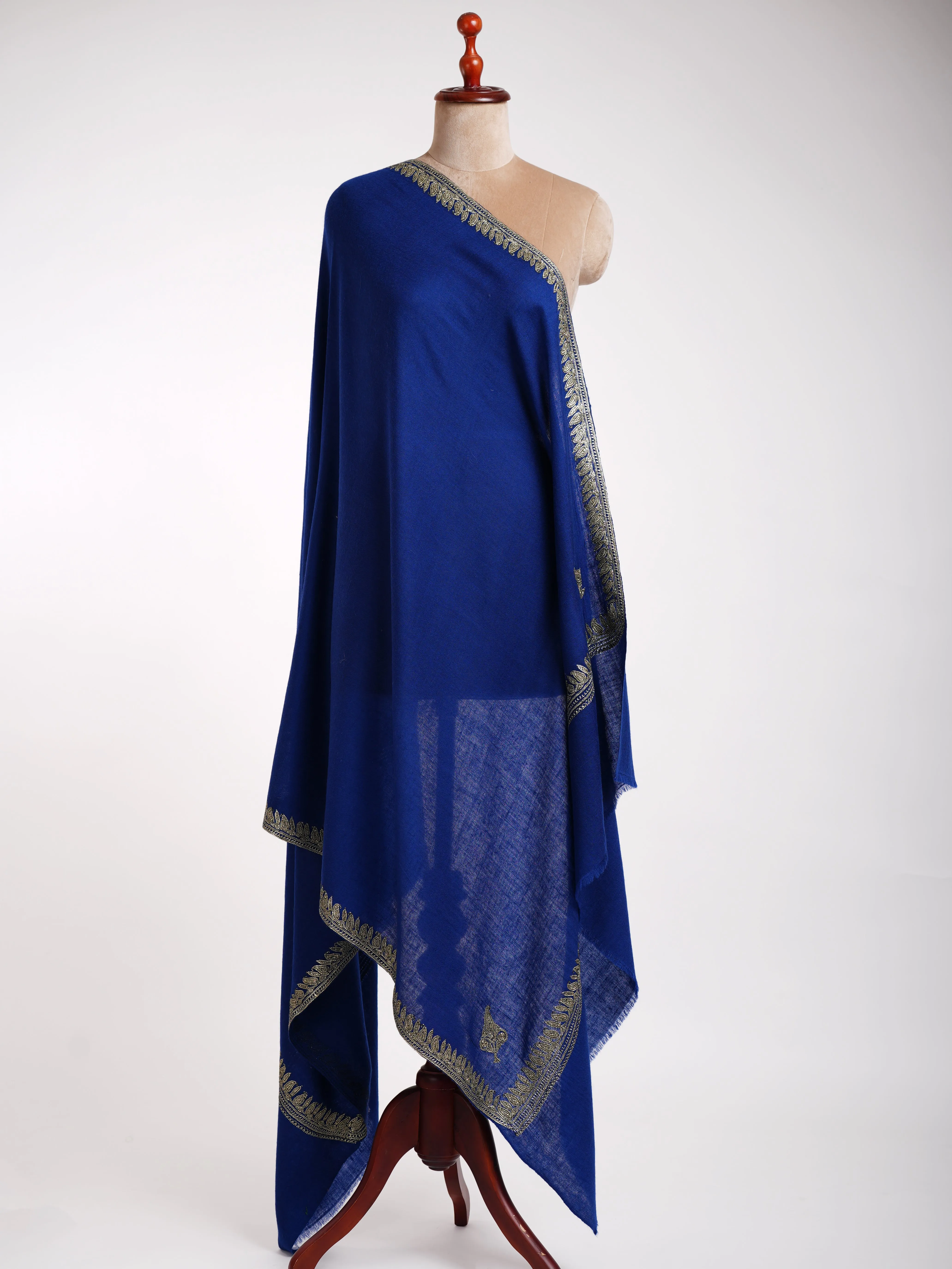 Dark Blue Kashmiri Pashmina Shawl in Water Gold Tilla Embroidery