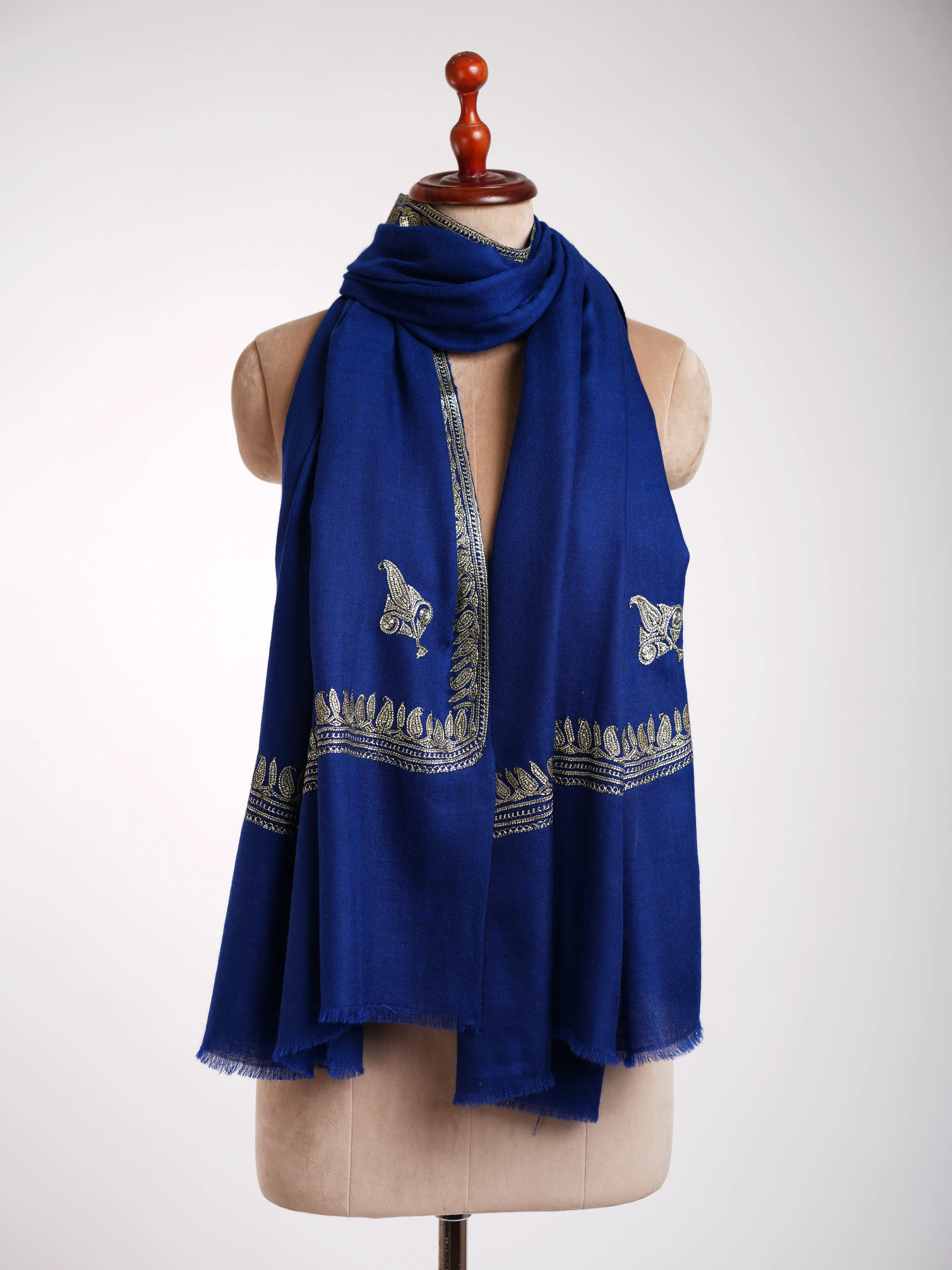 Dark Blue Kashmiri Pashmina Shawl in Water Gold Tilla Embroidery