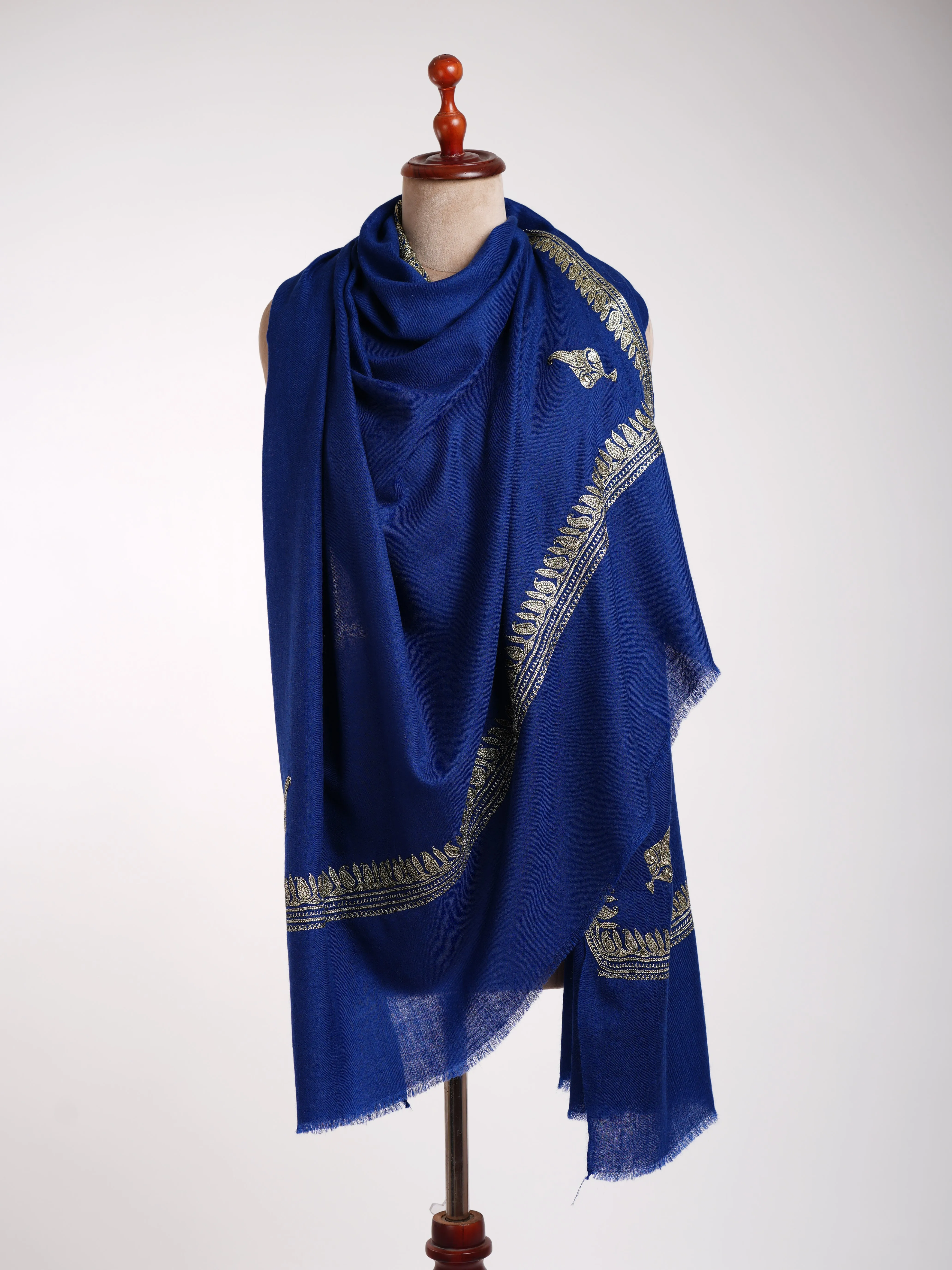 Dark Blue Kashmiri Pashmina Shawl in Water Gold Tilla Embroidery