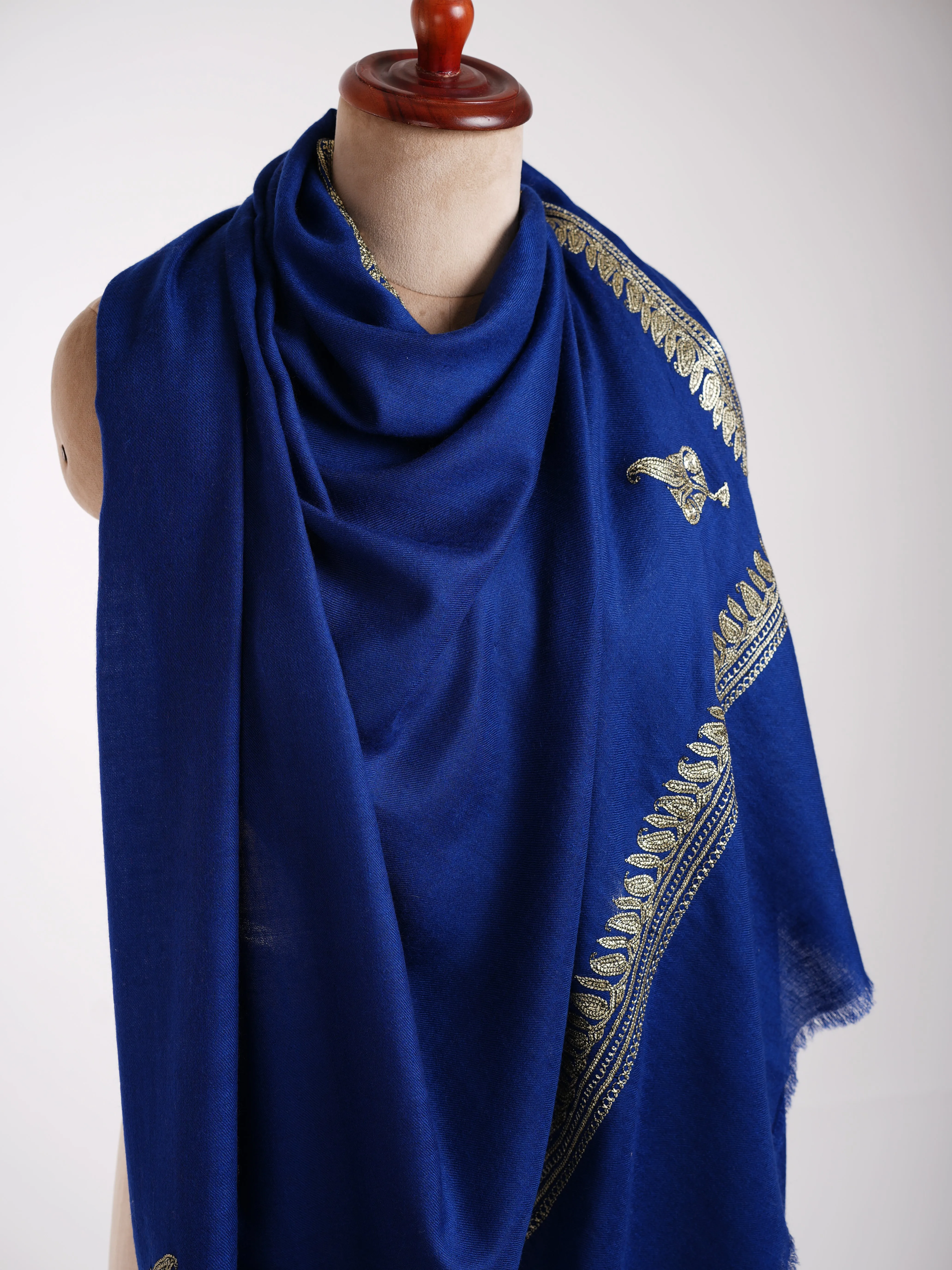 Dark Blue Kashmiri Pashmina Shawl in Water Gold Tilla Embroidery