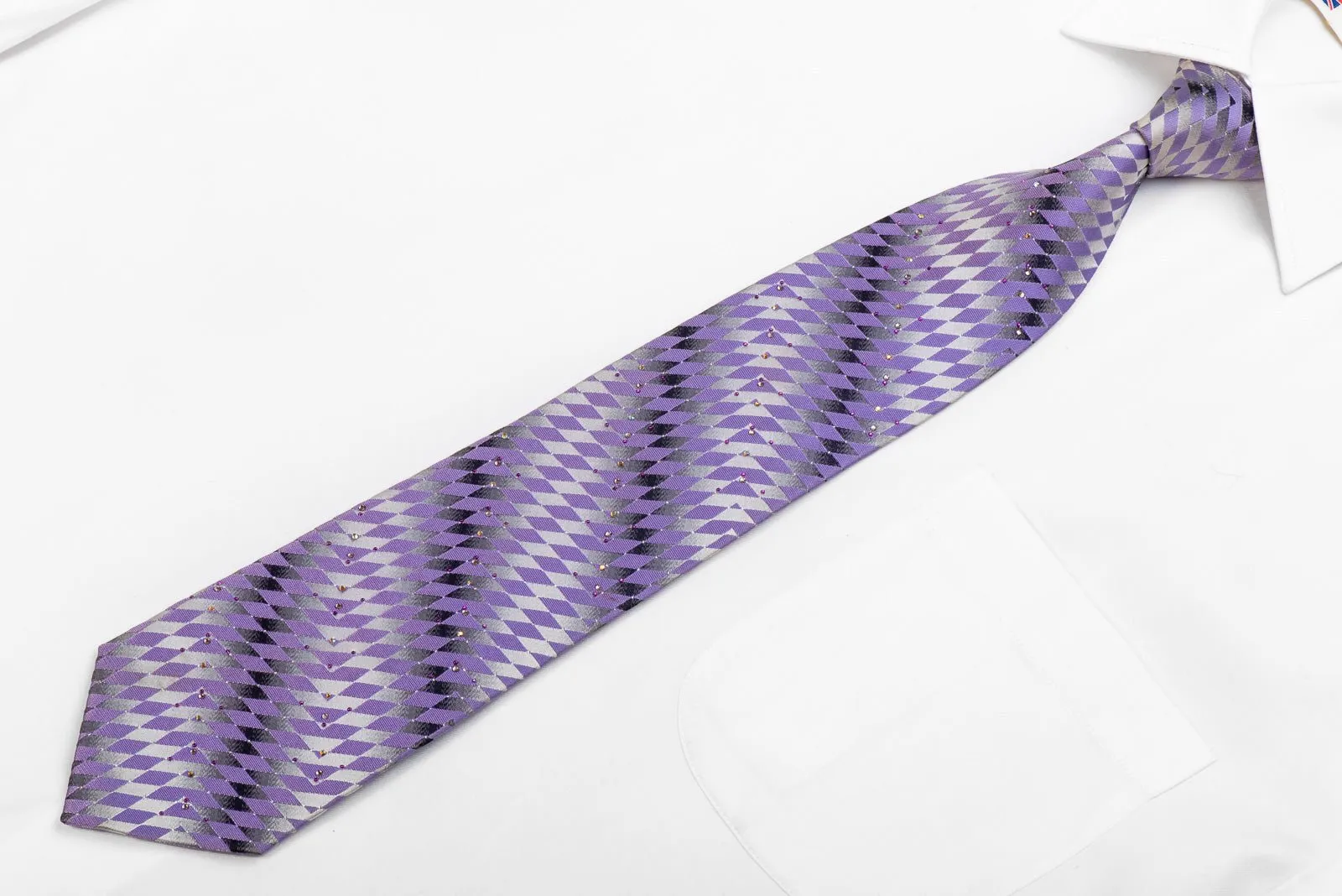 Elegance Men's Silk Rhinestone Tie Purple Geometric On Silver With Sparkles